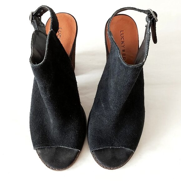 Lucky Brand Women Sandals Size 7.5 Black Open Slingback Peep Toe Comfy Booties - Picture 2 of 10